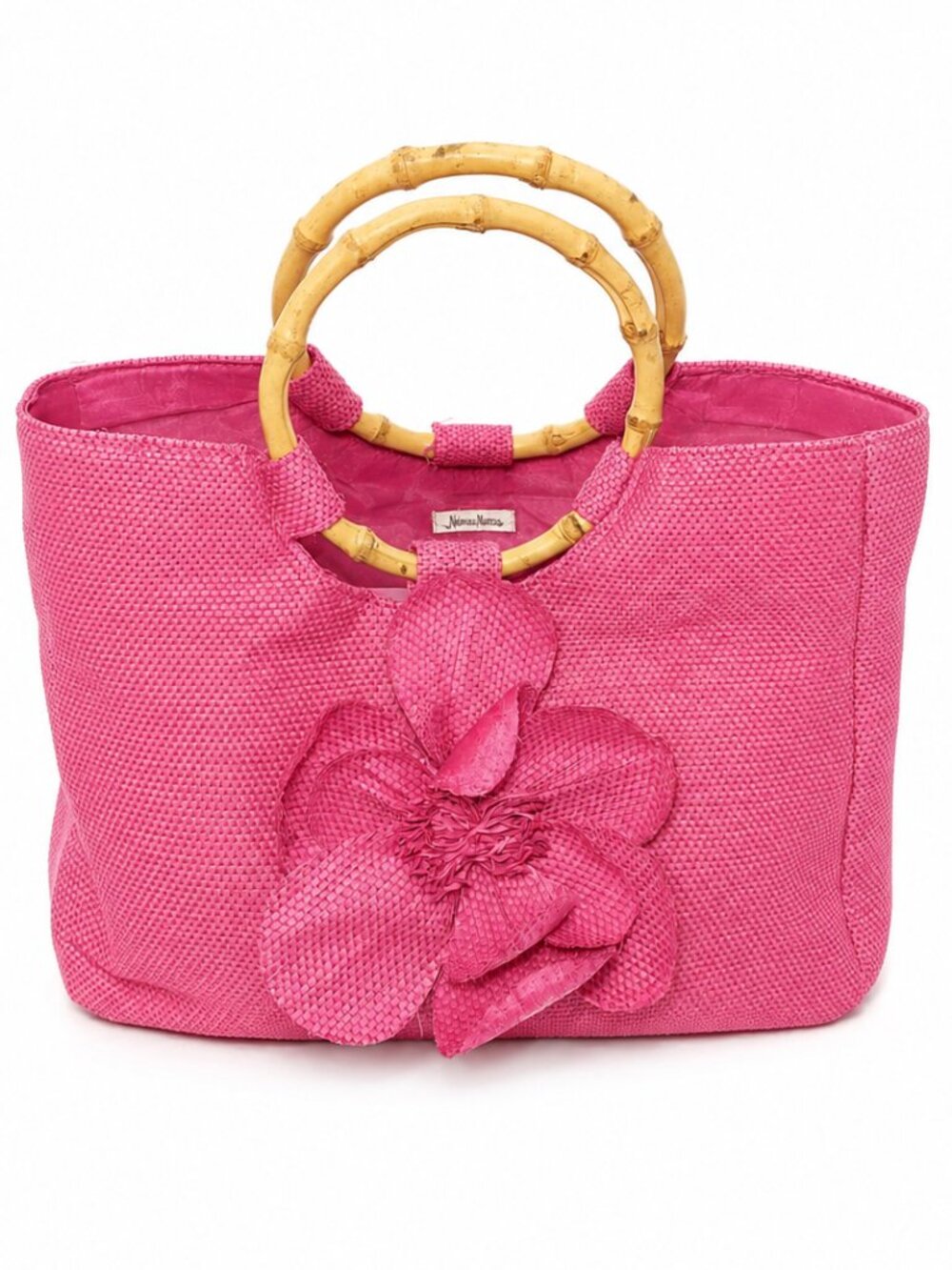 Neiman Marcus Pink Woven Straw Tote Bamboo Handles Floral Appliqué Bag